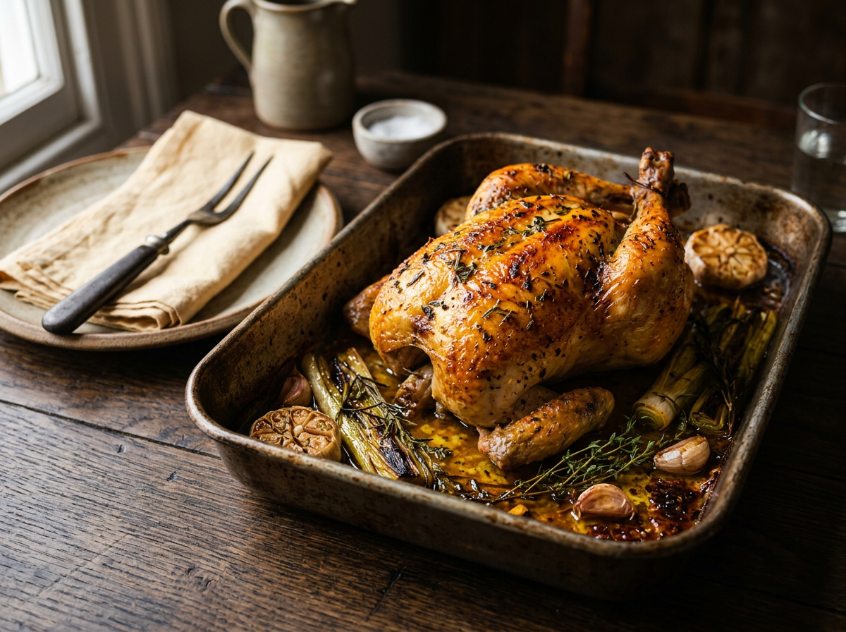 Butter-Basted Roast Chicken with Herby Leeks