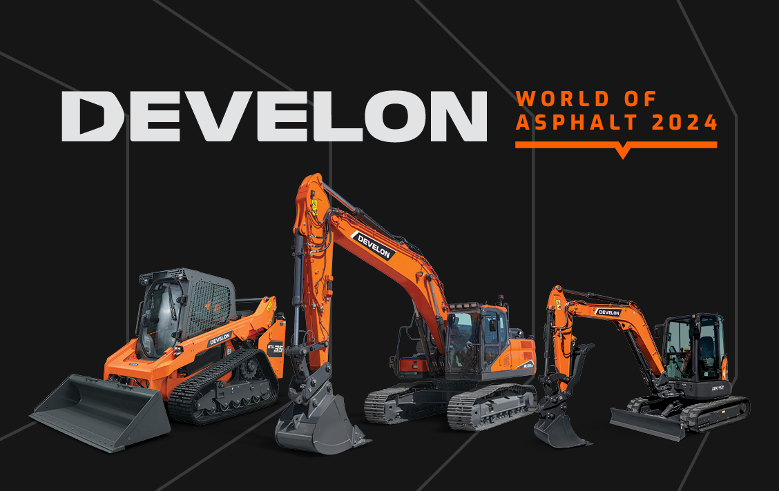 Lineup of DEVELON machines: compact track loader, crawler excavator and mini excavator.