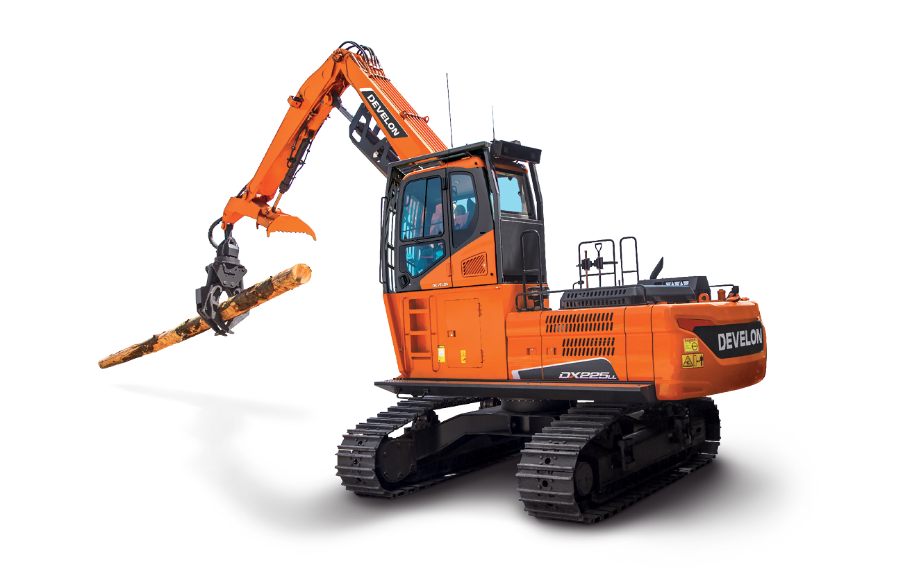 DEVELON DX225LL-7 log loader on a cut-out background.