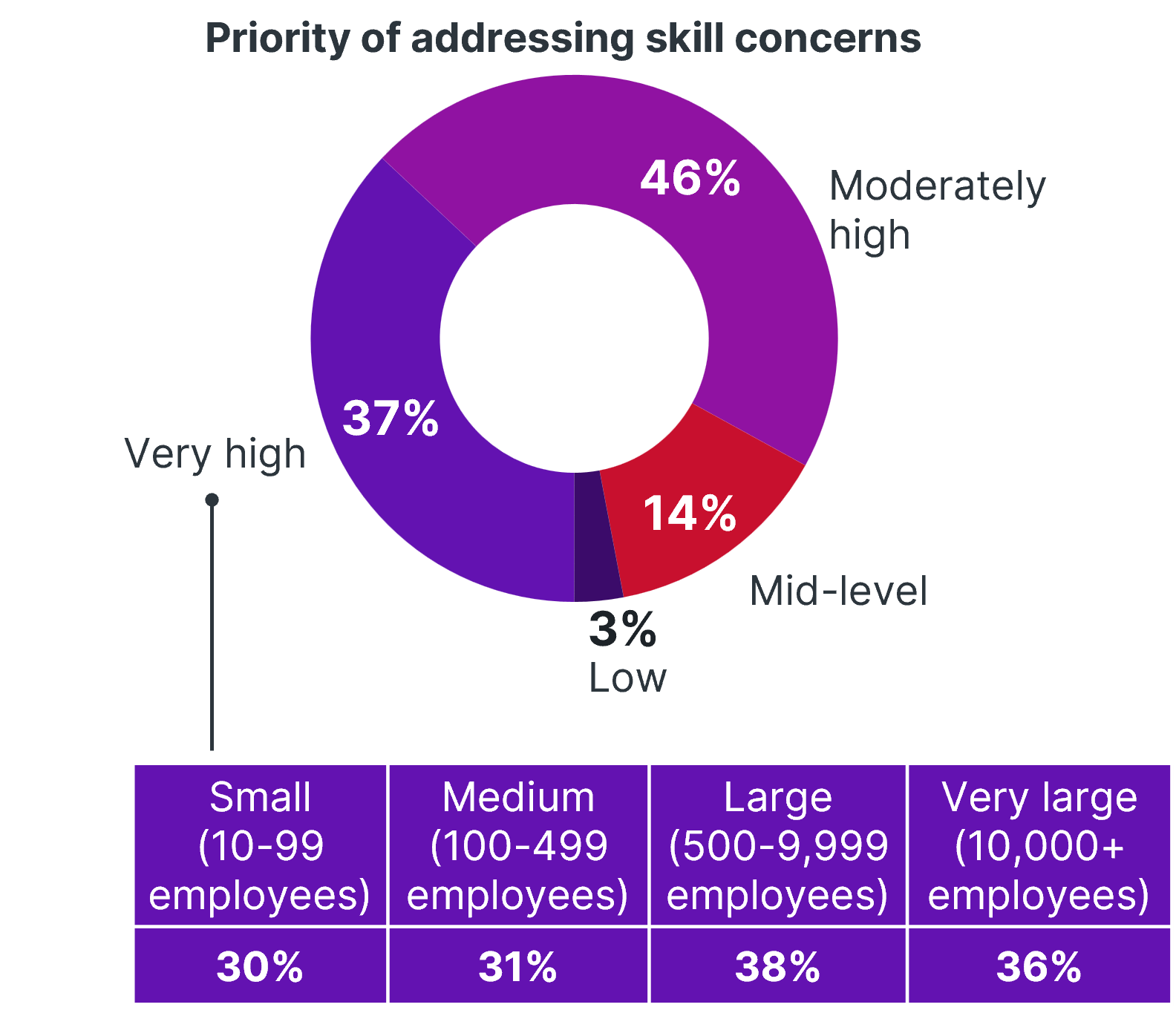Chart titled 'Priority of addressing skill concerns' shows 46% moderately high, 37% very high, 14% mid-level, 3% low. A table breaks down 'very high' priorities by company size: small (30%), medium (31%), large (38%), and very large (36%).