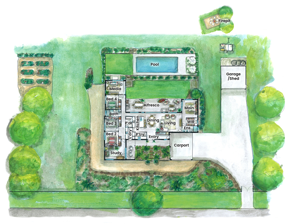 yourtown 540 Prize Home labelled watercolour rendering of the floor plan.