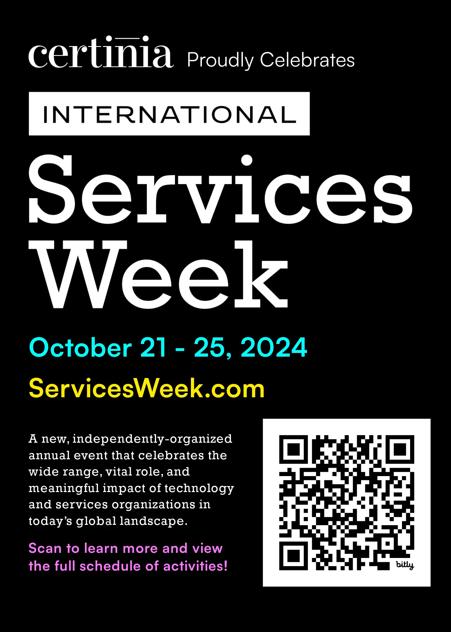 Certinia proudly celebrates International Services Week - QR code featuring full list of activities
