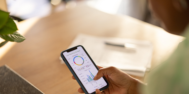 Young woman checking her spending on home finance app
