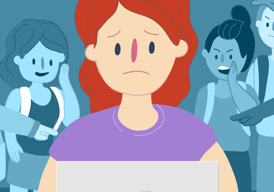 A young person using a laptop while others point and whisper, representing cyberbullying.