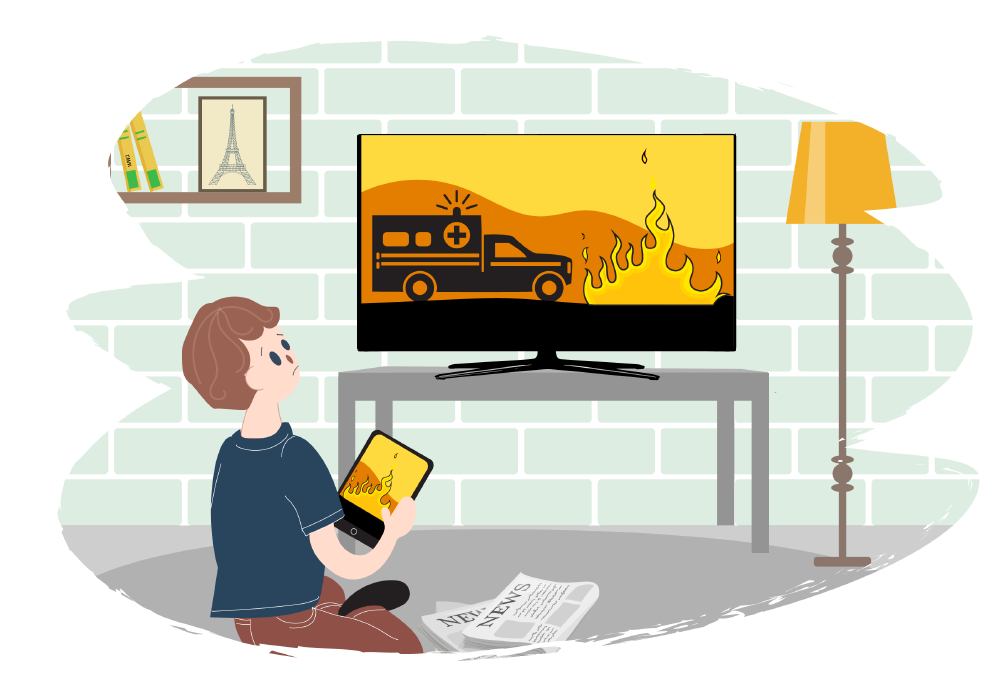 A child sitting on the floor holding a tablet showing a news image of flames while a television in front shows a news image of an ambulance and flames.
