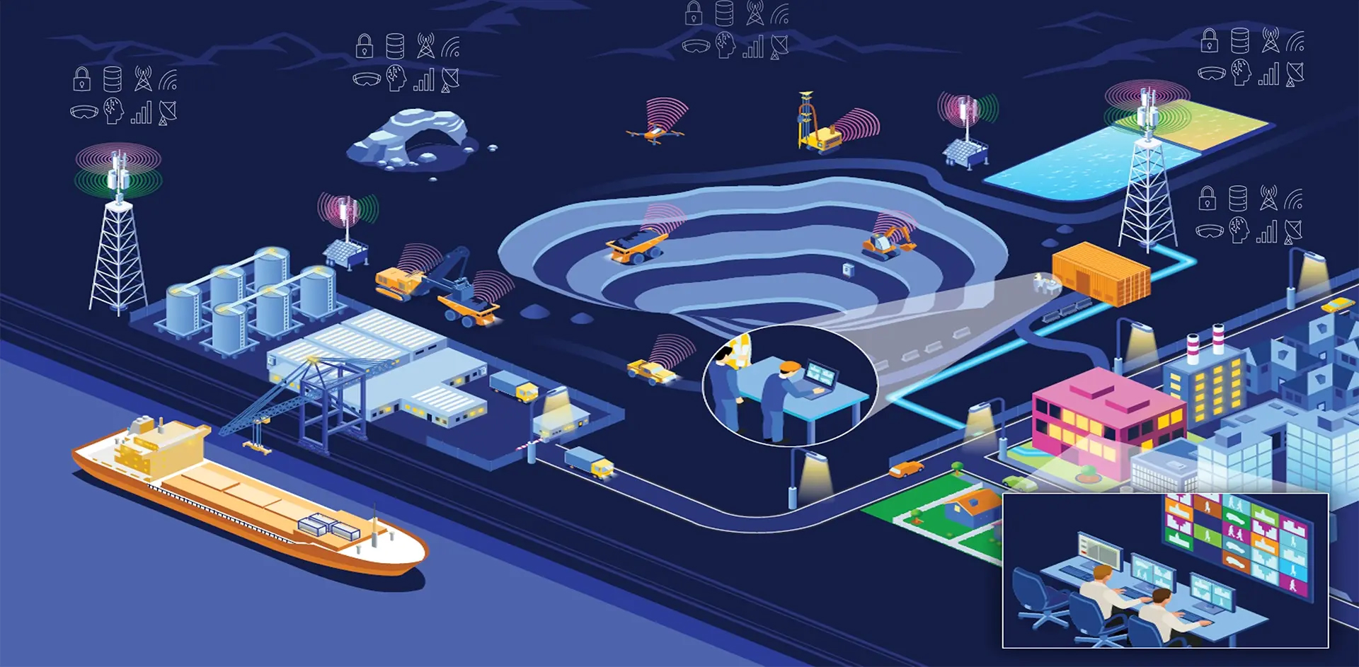 An illustration of a modern port with various elements and activities related to logistics, transportation, and technology. It includes a large cargo ship docked at the port, cranes for loading and unloading containers, warehouses, trucks transporting goods, and various buildings. Icons representing technologies such as satellites, drones, wireless communication towers, and automated vehicles highlight the integration of advanced technologies in port operations to enhance efficiency and connectivity.