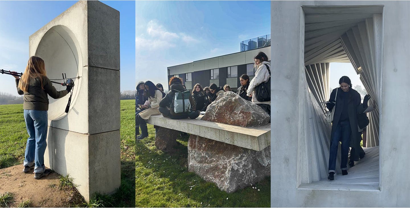 From left to right: students film near the Vision sculpture, gather beside the Fusion sculpture, and walk through an outdoor sculpture.
