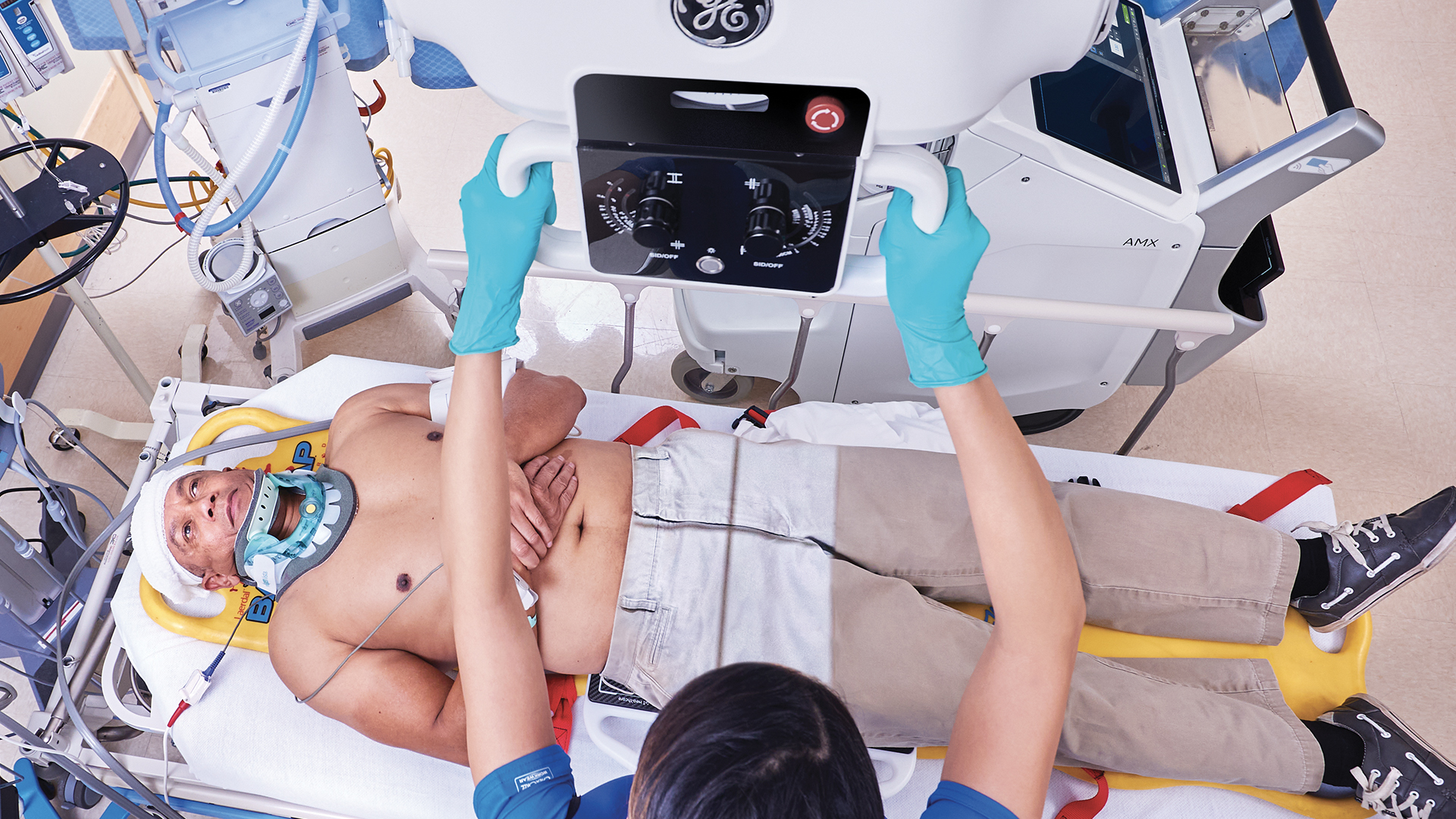 X-ray imaging in the emergency room of a patient laying on a patient table 