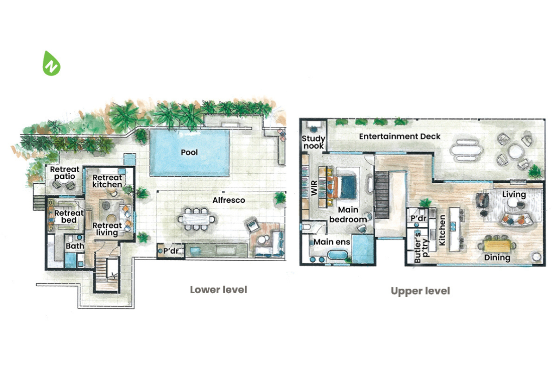 alt="Water colour floorplan highlighting the lower and top levels of a 3 level home"