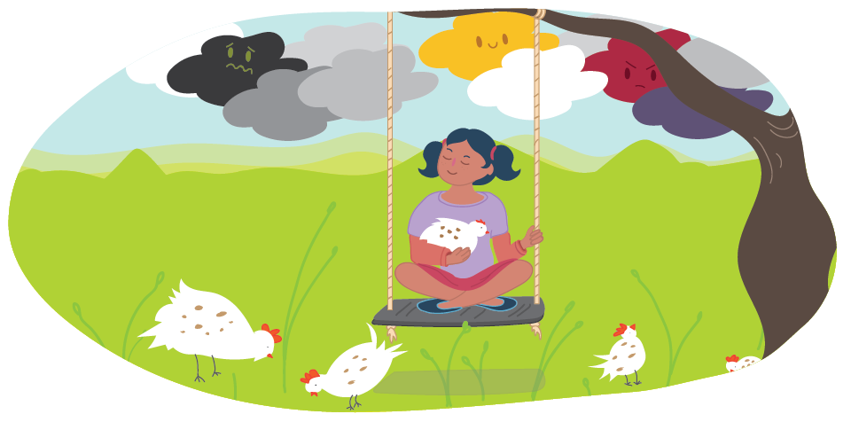 A child sitting on a swing in a field holding a chicken, with other chicken nearby and contrasting clouds in the sky.