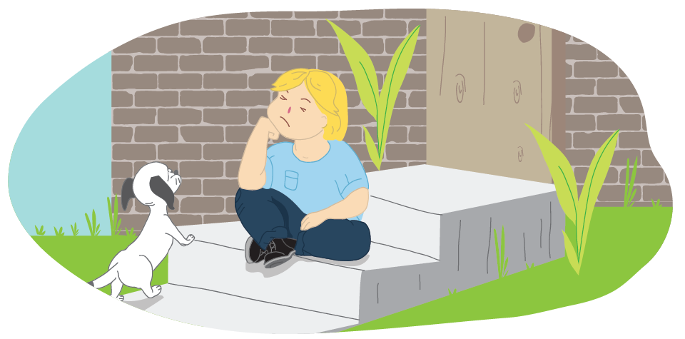 A child sitting on steps with a dog standing nearby looking at the child.