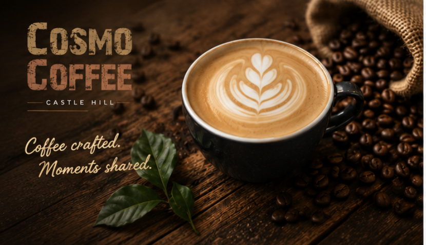 Cosmo Coffee Castle Hill café featuring freshly brewed coffee, a latte, and a pastry in a warm and inviting café setting.