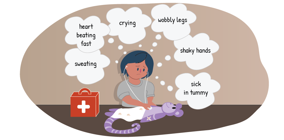A child with a first aid box with thought bubbles that say, “heart beating fast”, “crying”, “wobbly legs”, “shaky hands”, “sweating”, and “sick in tummy”.