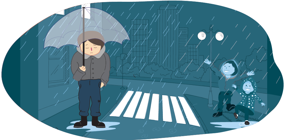 A boy standing alone in the rain holding an umbrella, while two children jump in puddles nearby.