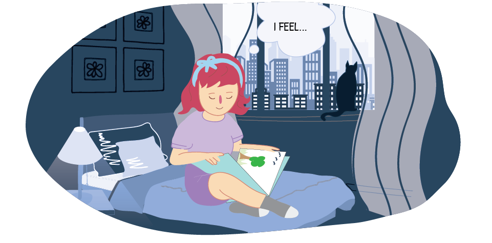 A child sitting on a bed holding a book, with a speech bubble that says “I FEEL…”.