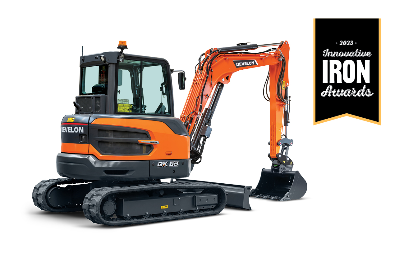 A DEVELON DX63-7 mini excavator featuring a conventional tail swing.