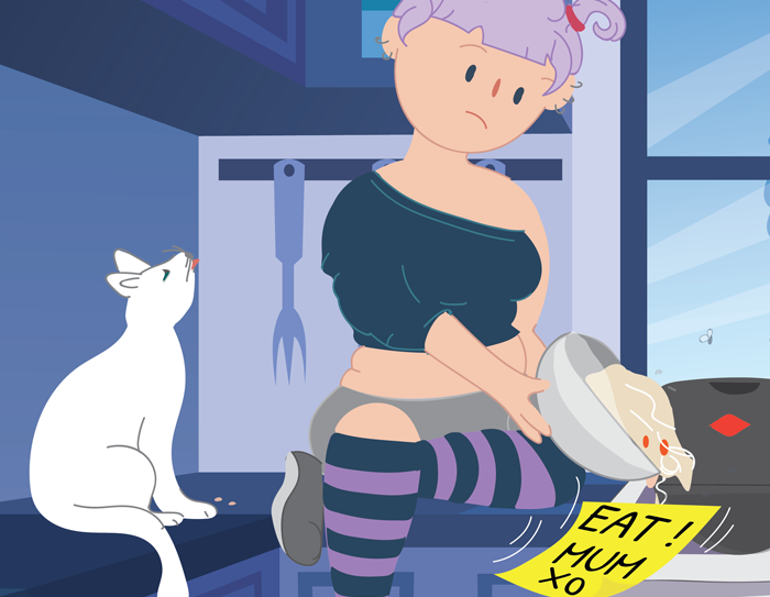 Girl pouring dinner into bin, ignoring a note from mum to eat the meal