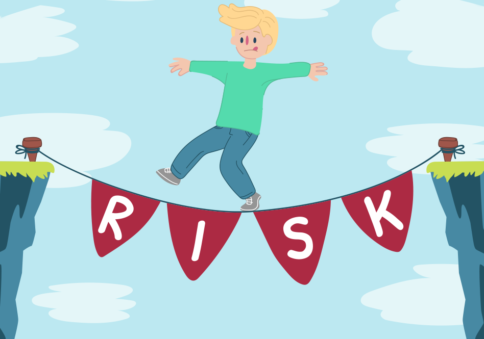 Person walking across tightrope which spells the word 'risk'