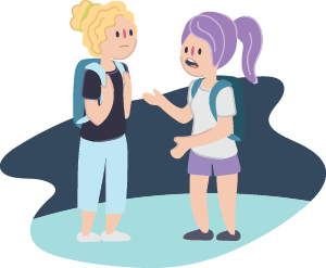 Two people facing each other and talking, both wearing backpacks.