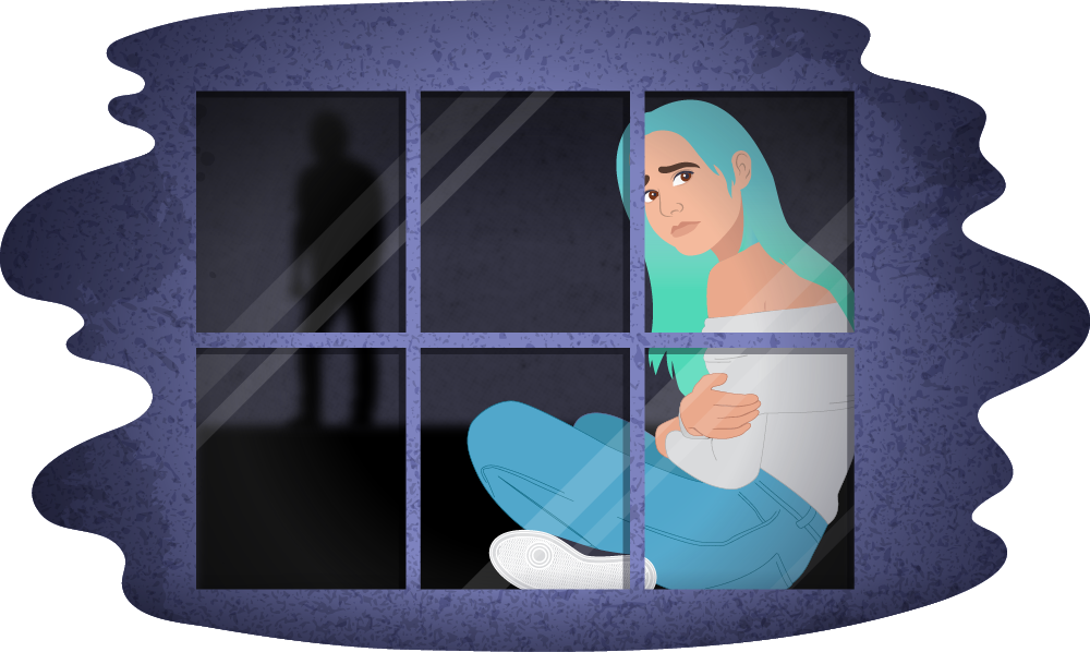 Illustration of a girl sitting on the floor beside a window with arms crossed. A reflection of a dark human‑shaped silhouette is visible. The background uses dark blue and purple textures, and the window frame divides the scene into panels.
