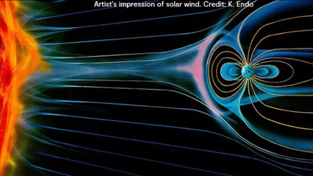 An artist's impression of solar wind. The text in the image reads: "Artist's impression of solar wind. Credit: K. Endo".
