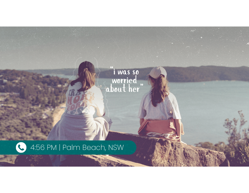 Two girls sit on a cliff overlooking the water. A time stamp says 4:56 pm, Palm Beach, New South Wales. A speech bubble from a phone call says, "I was so worried about her."