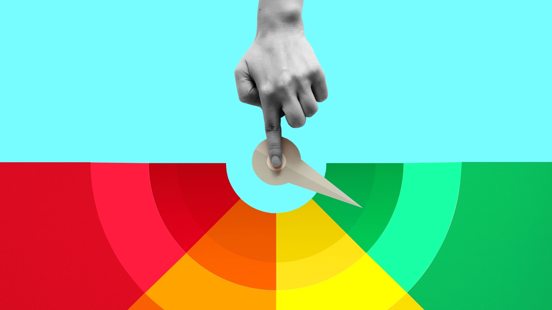 Photo illustration of a hand pointing to a dial that is pointing to the green section of a credit score report (left to right, the report is red, orange, yellow, green).