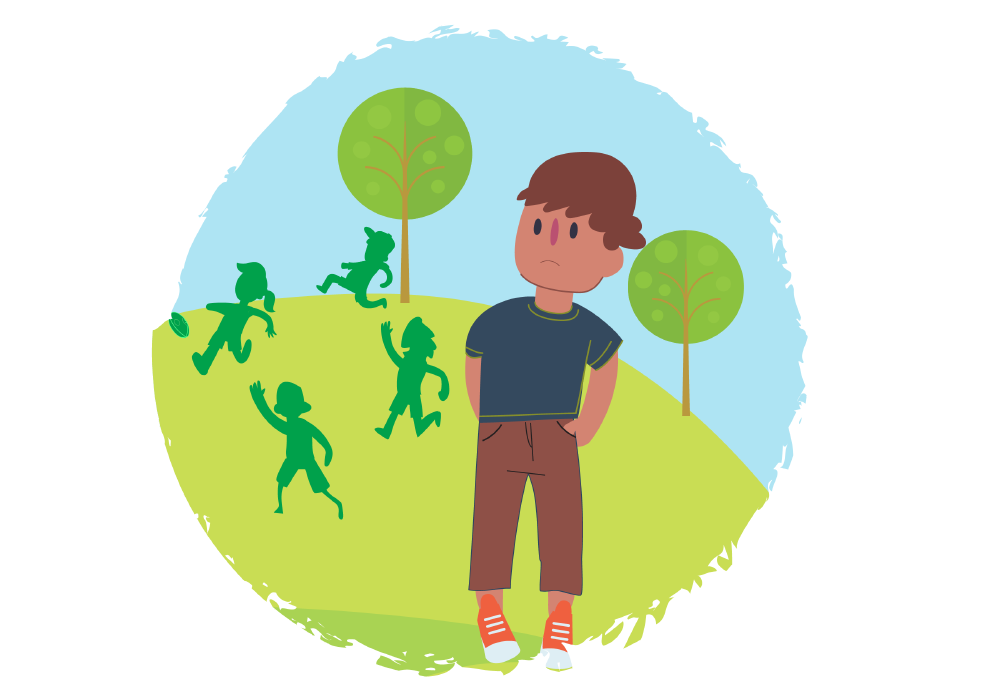 A boy standing outside alone while other children play together nearby.