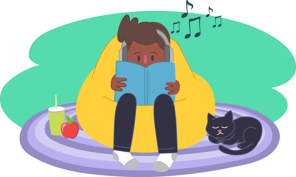 Illustration of a child sitting on a beanbag, reading a book while wearing headphones, with a cat sleeping nearby.