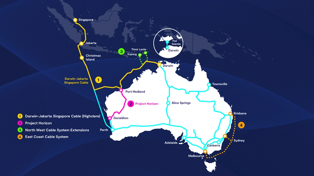 A map showing Vocus Project Horizon - submarine cable systems connecting Australia to Southeast Asia. The map highlights four main cable systems: Darwin-Jakarta-Singapore Cable (yellow), Project Horizon (pink), North West Cable System Extensions (green), and East Coast Cable System (orange). Key locations include Singapore, Jakarta, Christmas Island, Timor Leste, Kupang, Darwin, Port Hedland, Geraldton, Alice Springs, Townsville, Brisbane, Sydney, Canberra, Melbourne and Adelaide.