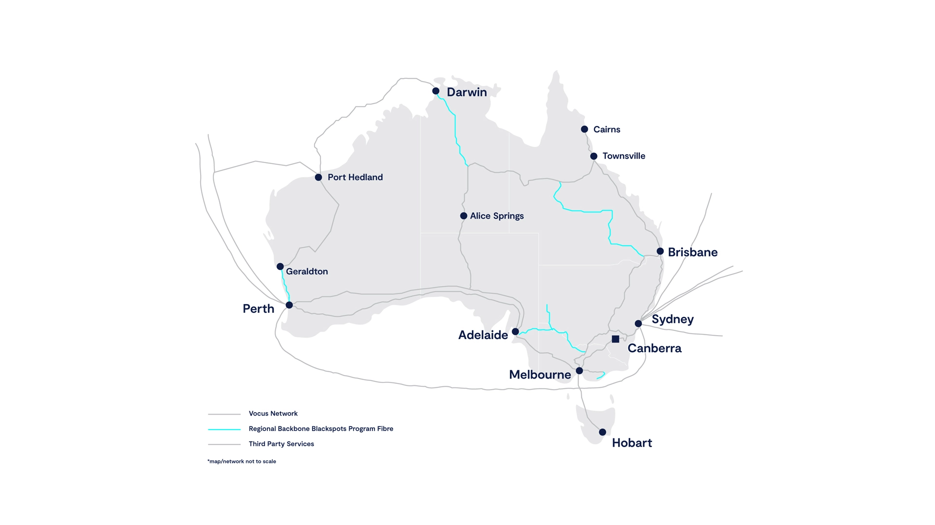 This image is a map of Australia showing the Vocus Network, Regional Backbone Blackspots Program Fibre, and Third-Party Services. The map highlights major cities including Darwin, Cairns, Townsville, Brisbane, Sydney, Canberra, Melbourne, Hobart, Adelaide, Geraldton, Port Hedland, Alice Springs, and Perth. The Vocus Network is represented by dark blue lines, while the Regional Backbone Blackspots Program Fibre is shown in light blue lines. Third Party Services are indicated with grey lines. This map is relevant for understanding the distribution and connectivity of network services across Australia.
