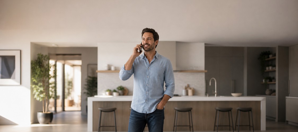 A man standing in a kitchen talking on the phone.