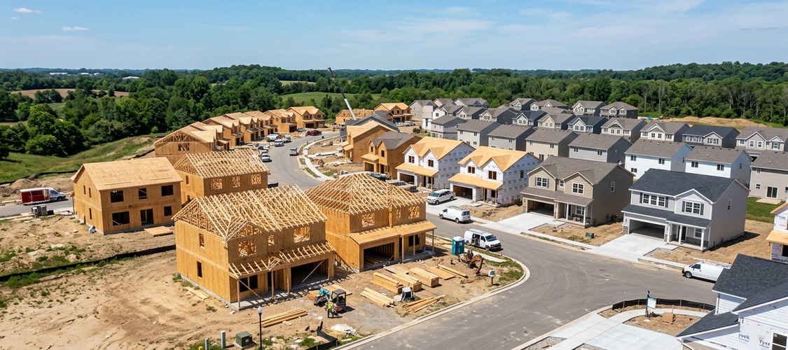 A neighborhood of large, suburban houses under construction.