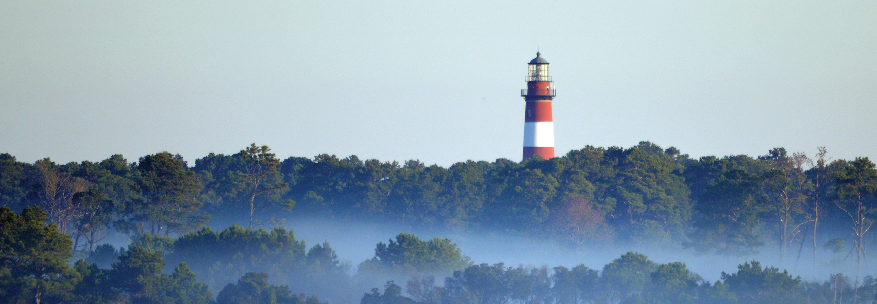 A red and white striped lighthouse rises above a line of trees with fog rolling through them in Virginia.