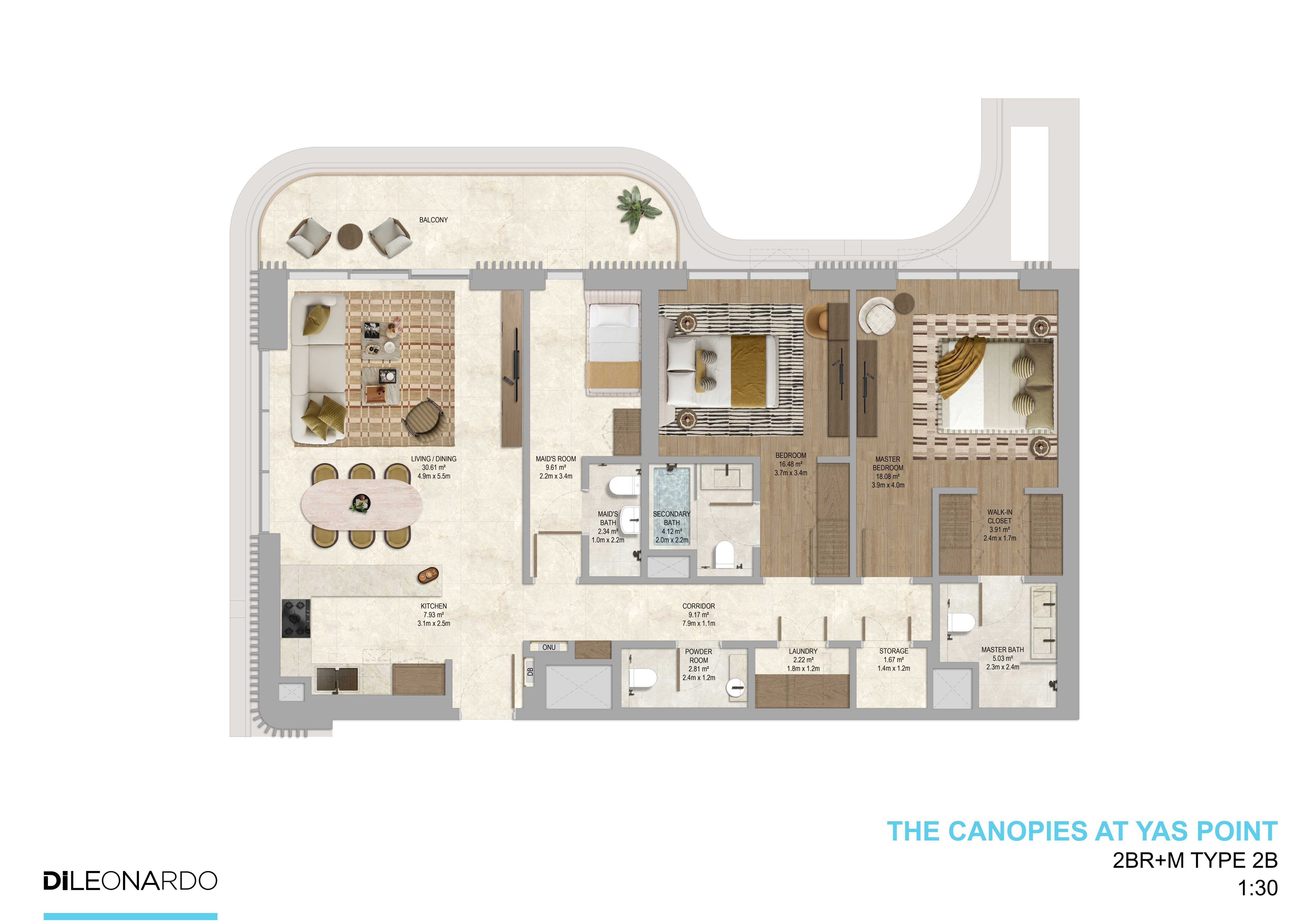 The Canopies at Yas Point 2 bedroom plus maid, Type 2B floor plan