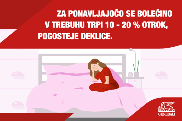 Infografika o bolečinah v trebuhu pri otrocih: Za ponavljajočo se bolečino v trebuhu trpi 10 - 20 % otrok, pogosteje deklice.