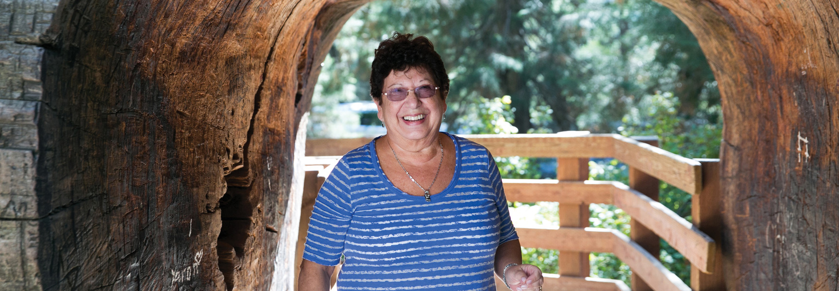 A woman smiles as she walks through the hollowed-out trunk of a giant sequoia tree in California.