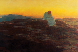 Artwork depicting a lone man and the sunset