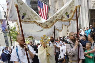 Celebration with an American flag in the background