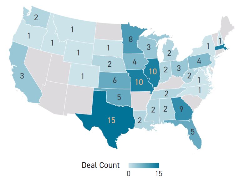2025 U.S. Bank M&A Deal Count by Target State
