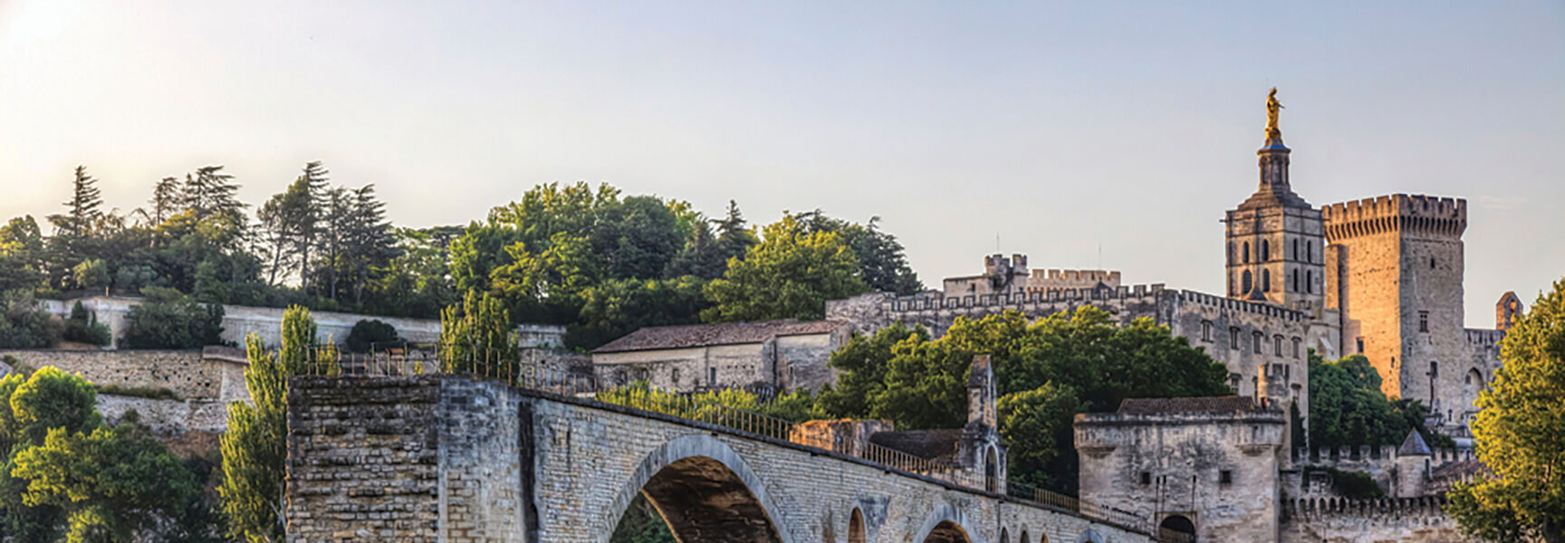 A historic stone bridge with several arches crosses the Rhône River in France, with a grand medieval palace and cathedral visible in the background.