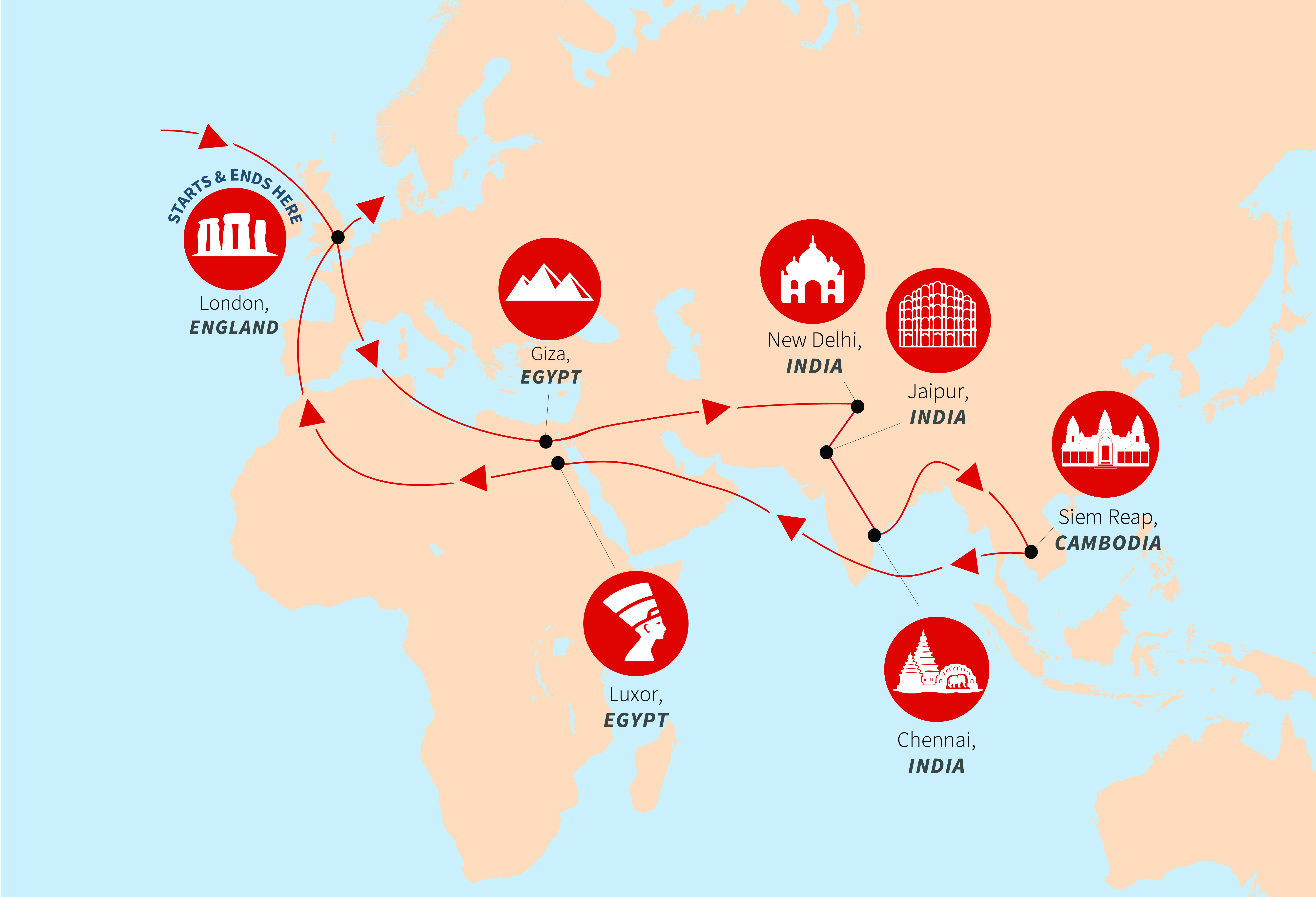 World map illustrating the private plane journey route connecting iconic landmarks in London, Egypt, India, and Cambodia for the World Academy.