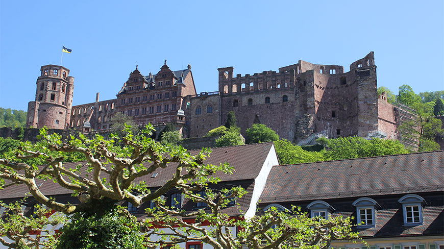 The ruins of Heidelberg Castle in Germany, a large, reddish-stone structure on a green hill above some rooftops.