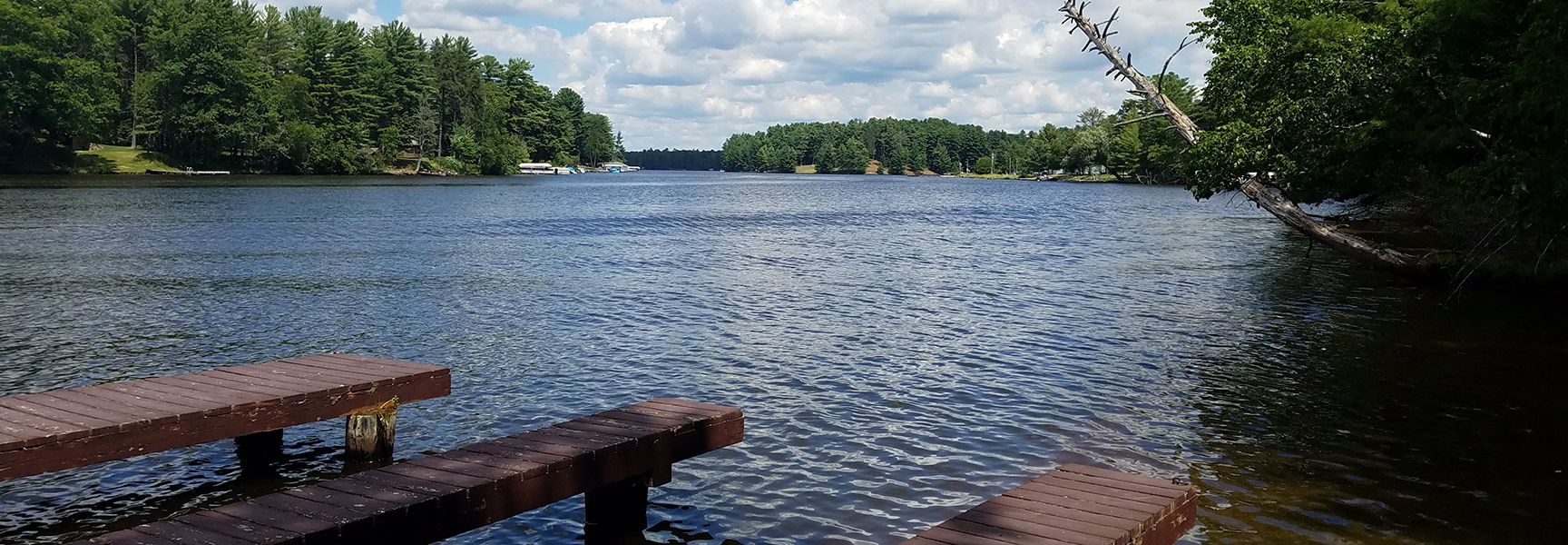 Wooden docks sit on the edge of a wide river in Wisconsin, with a dense forest lining the distant shore.