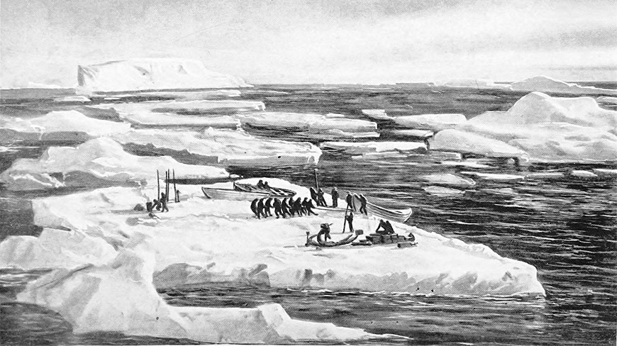 A black and white painting of the Ernest Shackleton expedition showing men and lifeboats on an ice floe in the ocean.