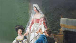A painting depicts Diane de Poitiers in an elegant gown as the central figure, with a man and woman at her feet.