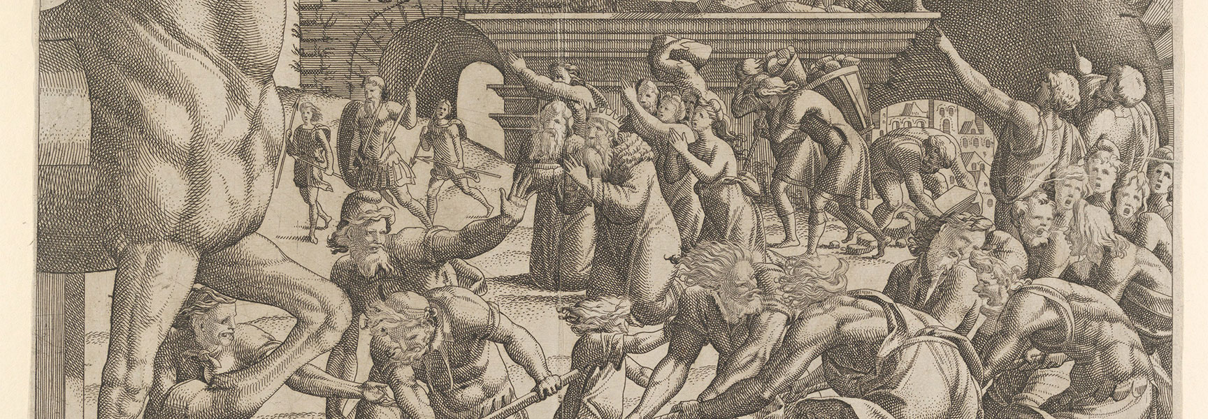 Engraving depicting the destruction of Troy, showing the giant wooden Trojan Horse beside a chaotic crowd of people within the city walls.