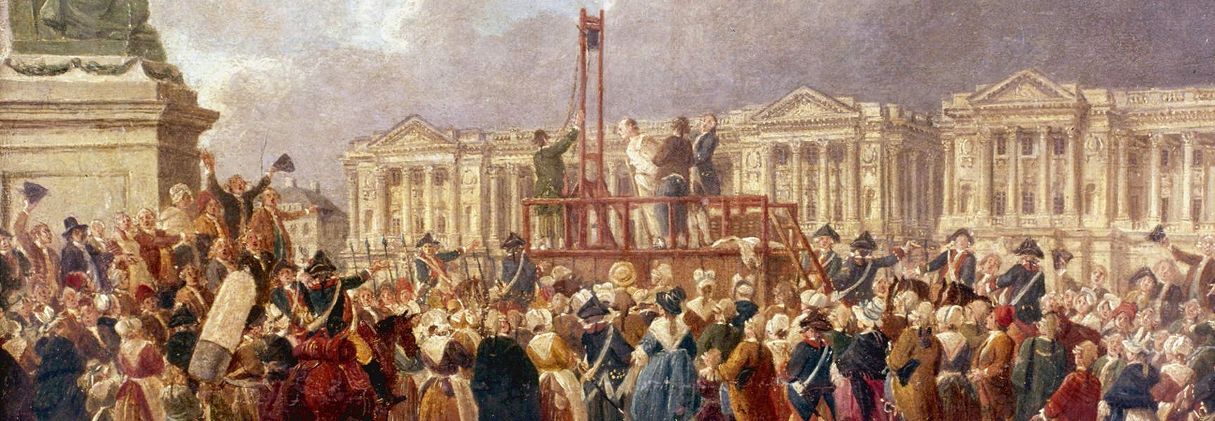 A painting of a public execution by guillotine during the French Revolution, with a large crowd of men and women looking on.