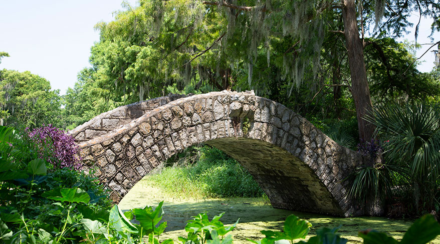 An arched stone bridge spans a calm waterway surrounded by lush green foliage and Spanish moss in New Orleans City Park.