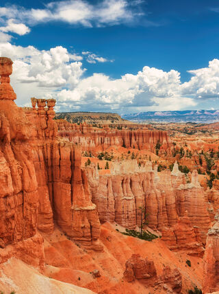 Vibrant orange hoodoos and rock spires fill the landscape of Bryce Canyon National Park in Utah under a sunny, cloud-filled sky.